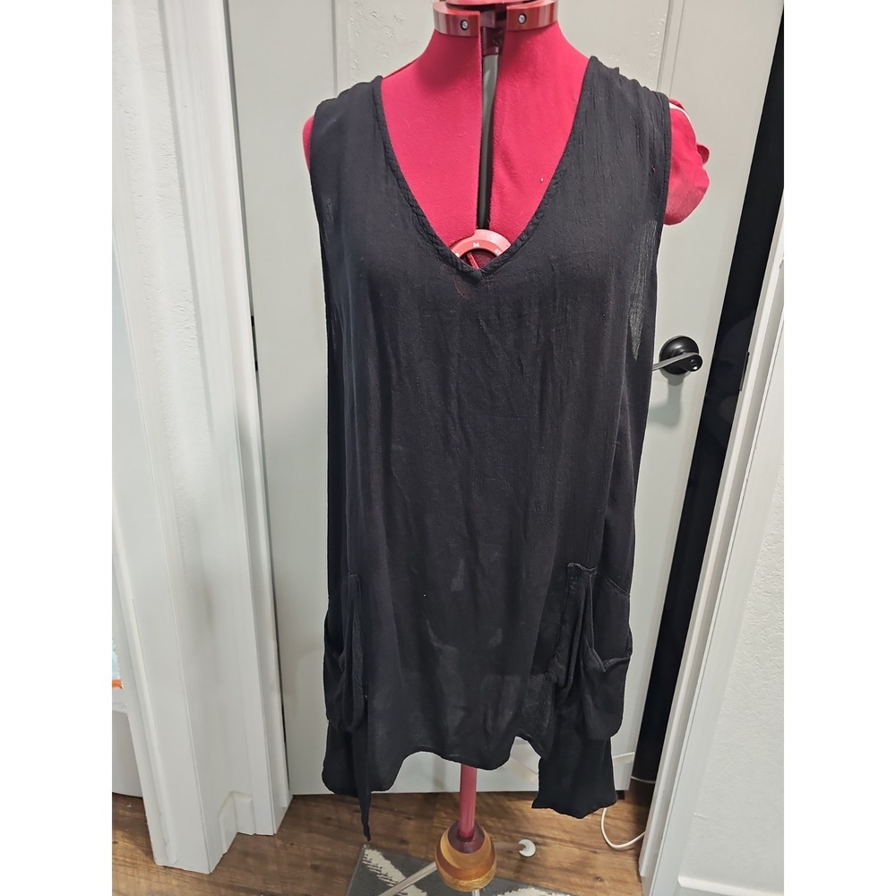 Paths Of The Spirit Black Sleeveless CoverUp Tunic Dress M/L Pockets Flowy Boho